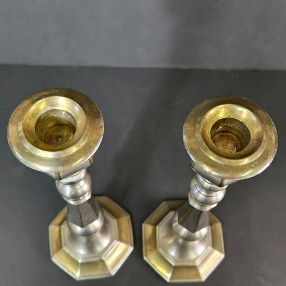 Vintage Pair 10" Solid Brass Two-tone Taper Candle Candlestick Holders India - Picture 7 of 12